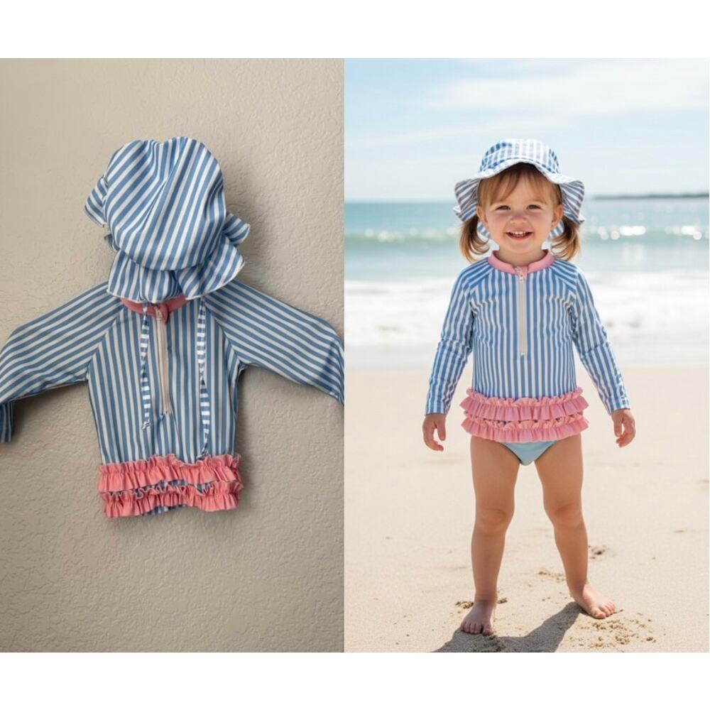 Toddler Girl Blue Striped Ruffle Swimsuit & Sun Hat Set | 2T